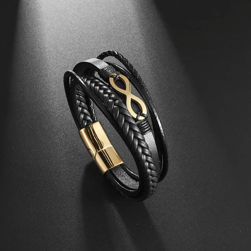 Pulsera Infinito Cuero negro y oro