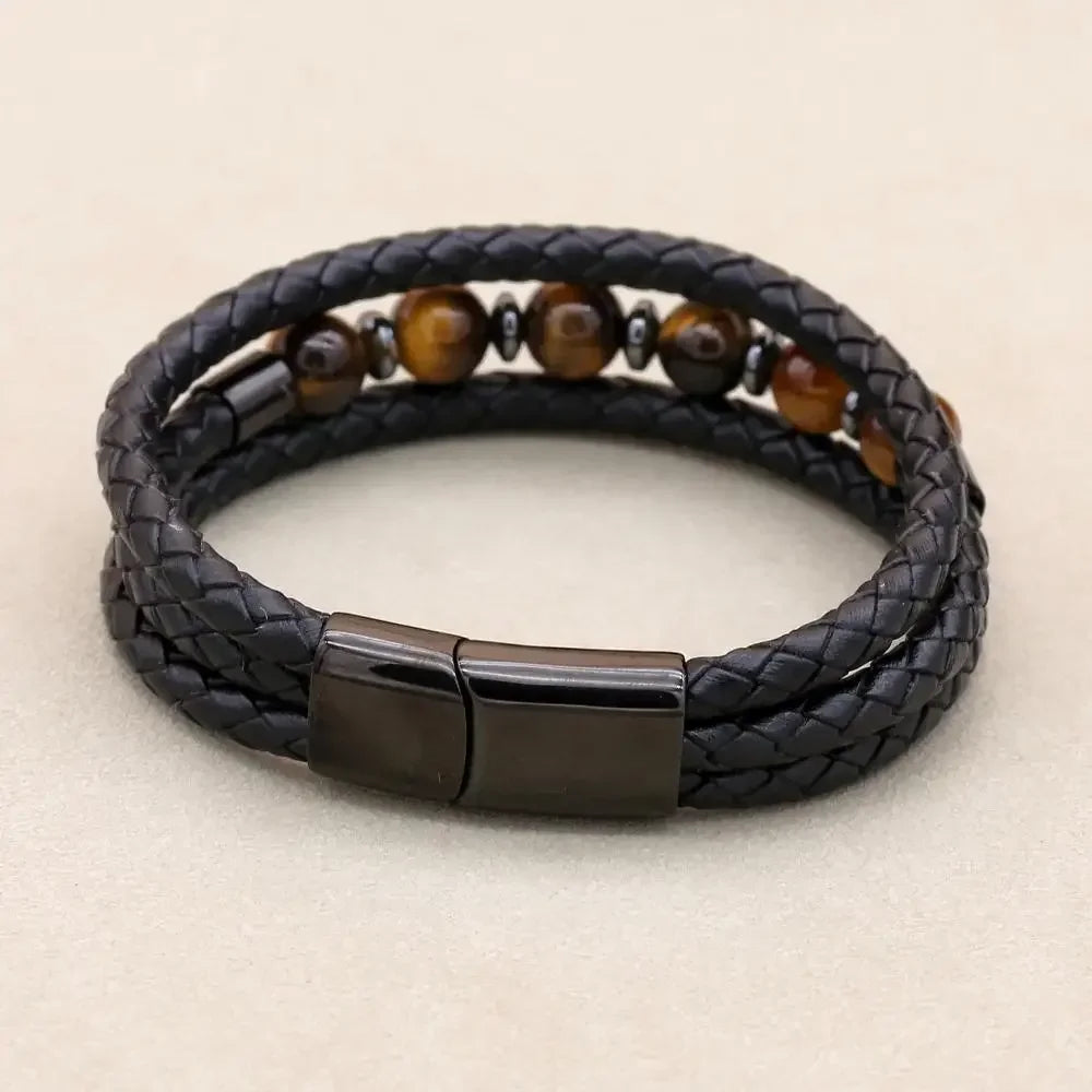 Pulsera de Cuero con Piedras Ojo de Tigre