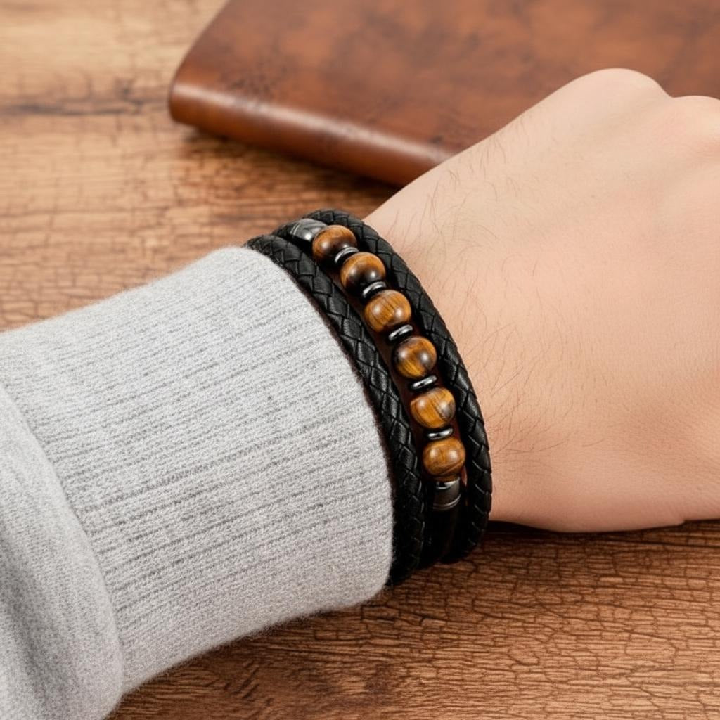 Pulsera de Cuero con Piedras Ojo de Tigre