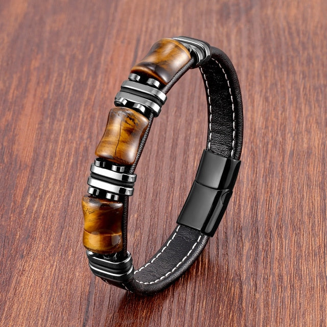 Pulsera Piedra Ojo de Tigre Cuero Esclava negro