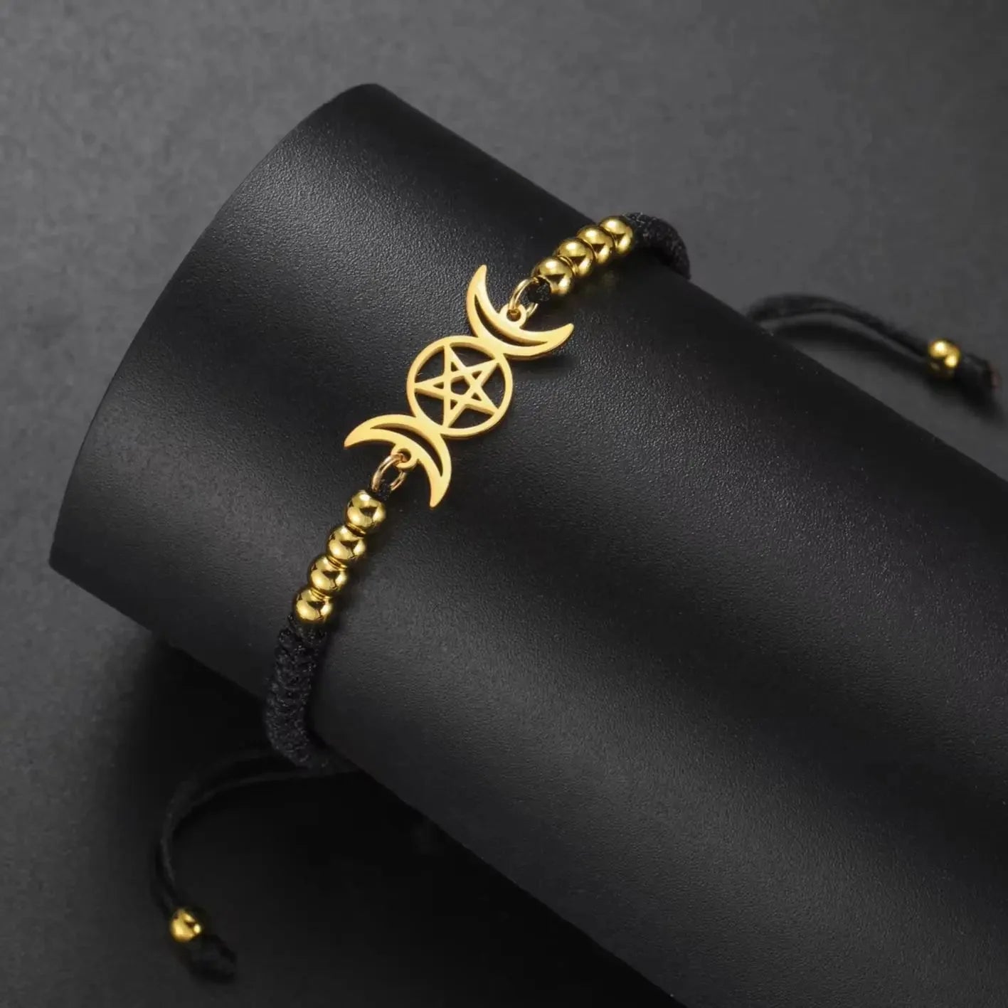 Pulsera Trenzada Triple Luna Brujería Pulsera Wicca negra
