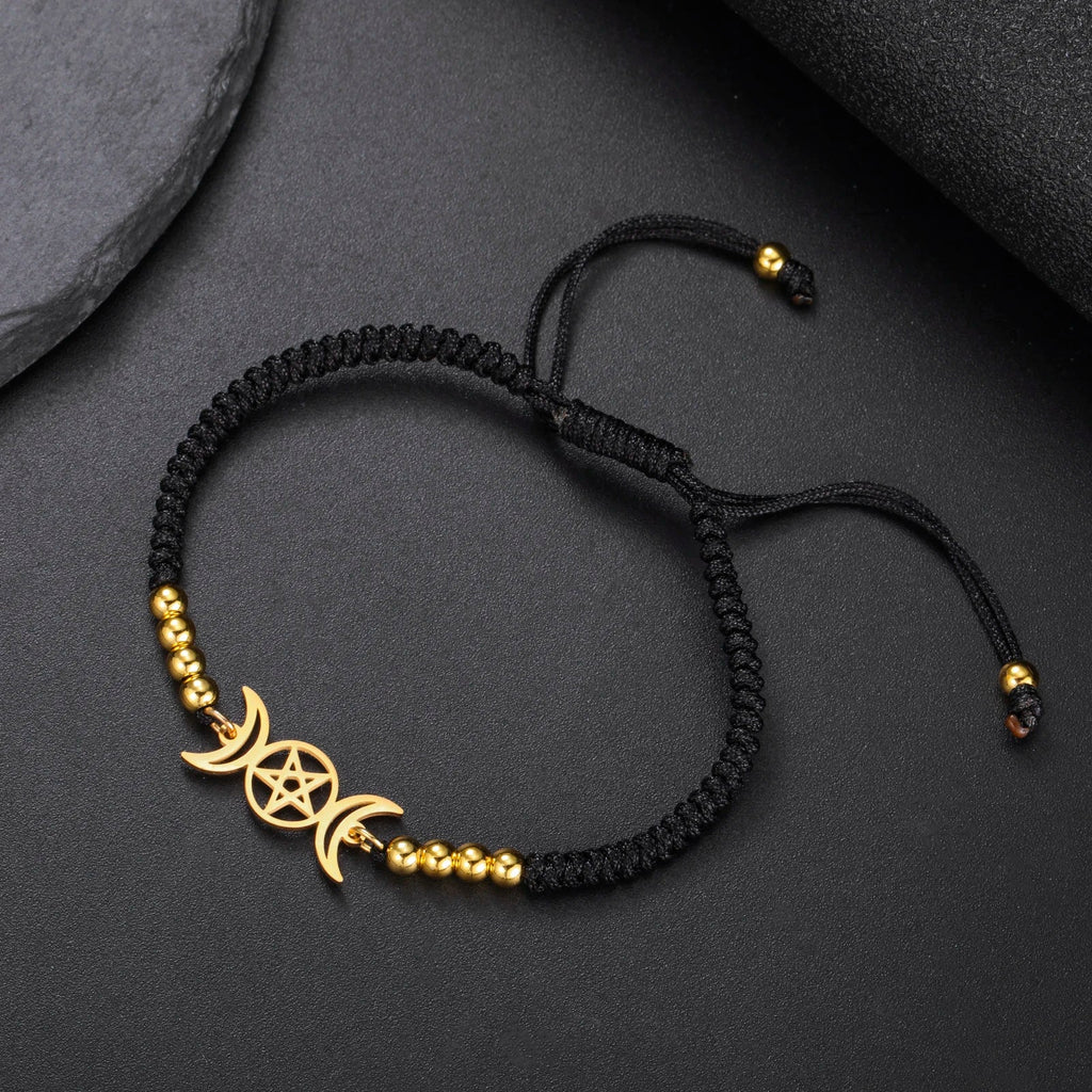 Pulsera Trenzada Triple Luna Brujería Pulsera Wicca negra