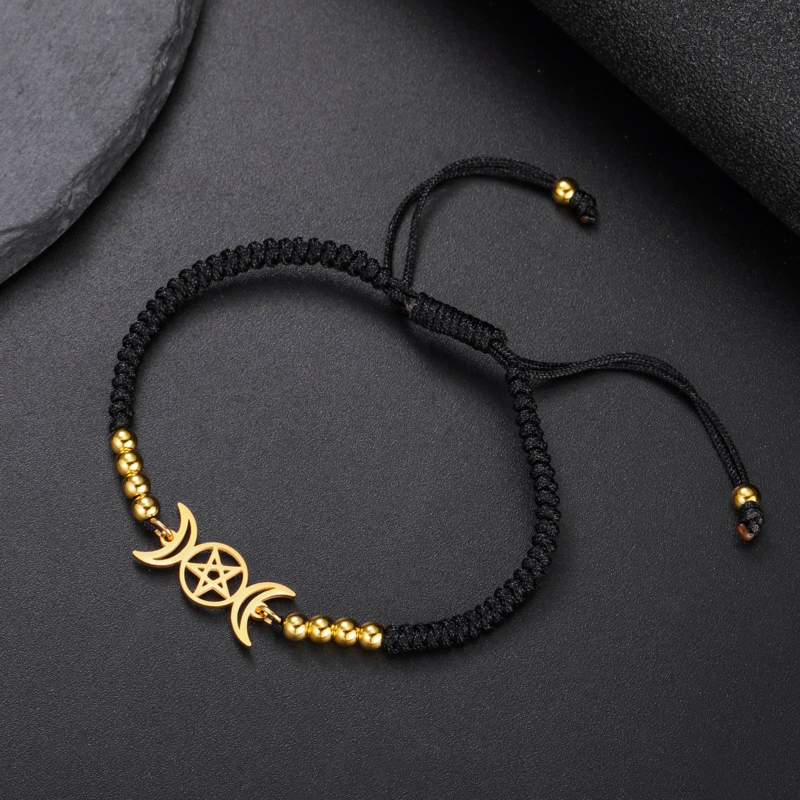 Pulsera Trenzada Triple Luna Brujería Pulsera Wicca negra