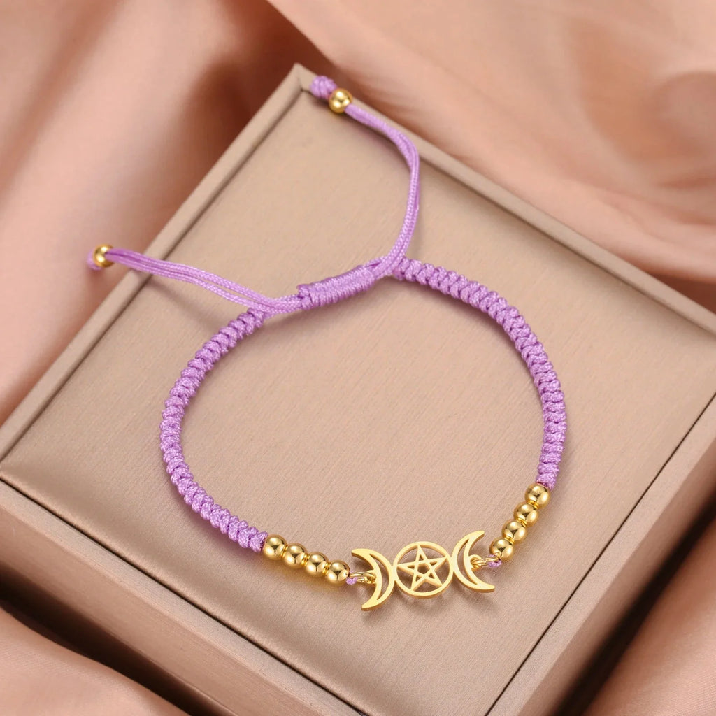 Pulsera Trenzada Triple Luna Brujería Pulsera Wicca lila