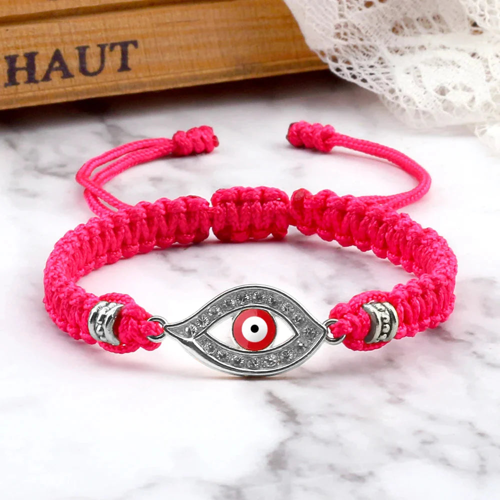 Pulsera Trenzada Zirconia Mal de Ojo Turco rosa plata