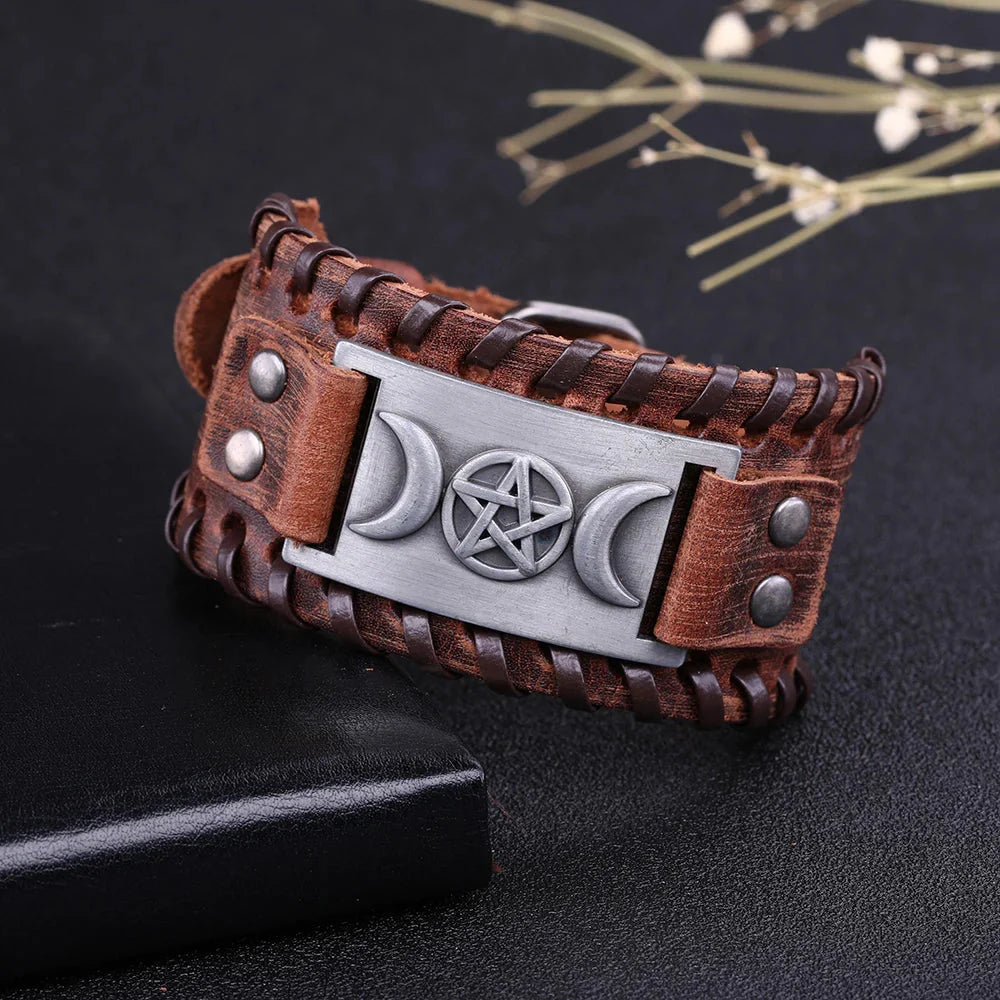 Pulsera Triple Luna de Cuero Hechicería Wicca 9