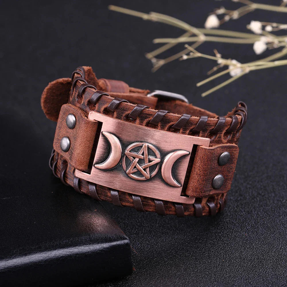 Pulsera Triple Luna de Cuero Hechicería Wicca 11