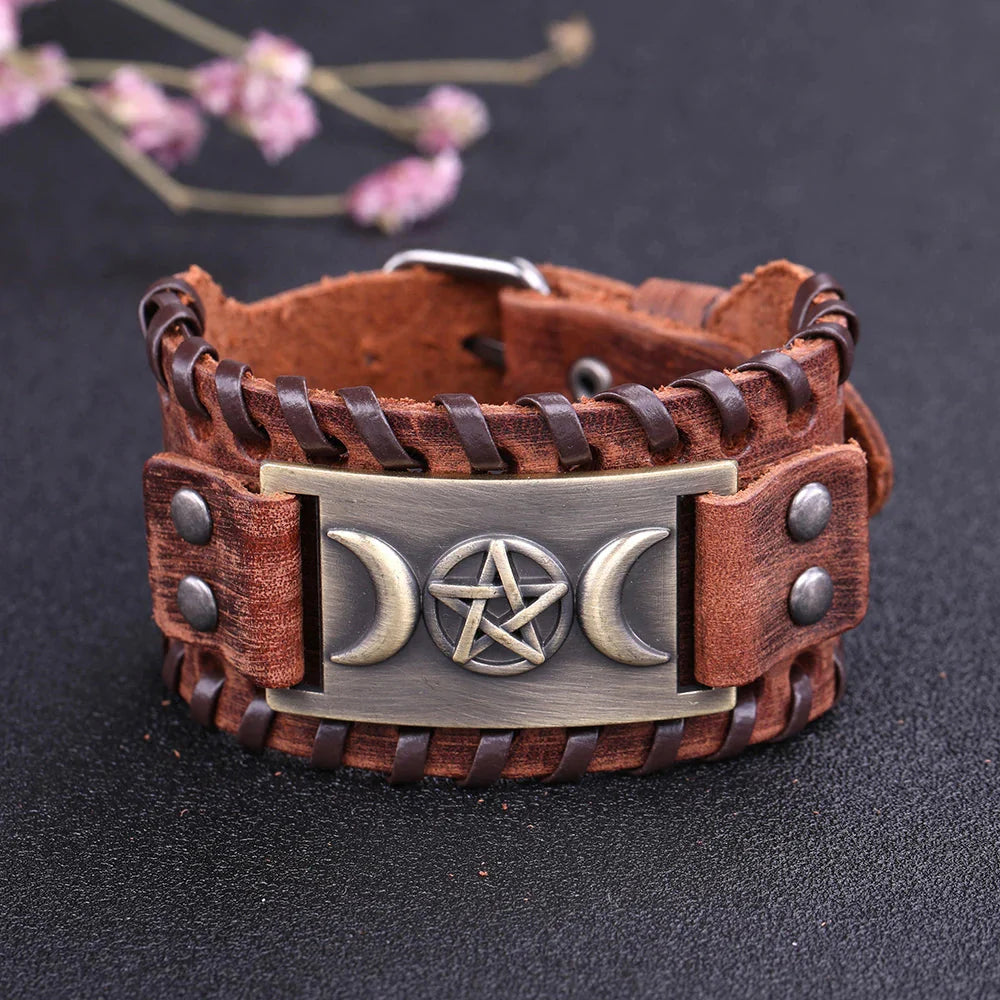 Pulsera Triple Luna de Cuero Hechicería Wicca 10