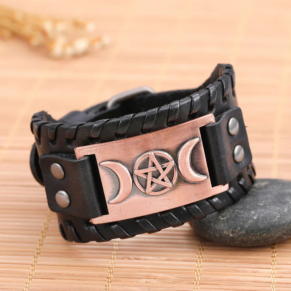 Pulsera Triple Luna de Cuero Hechicería Wicca 8