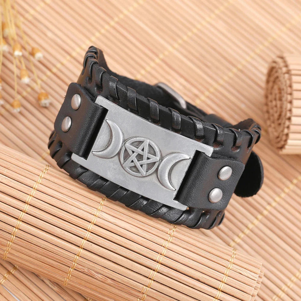 Pulsera Triple Luna de Cuero Hechicería Wicca 6