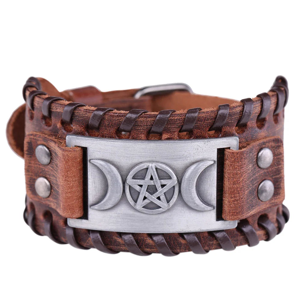 Pulsera Triple Luna de Cuero Hechicería Wicca 10