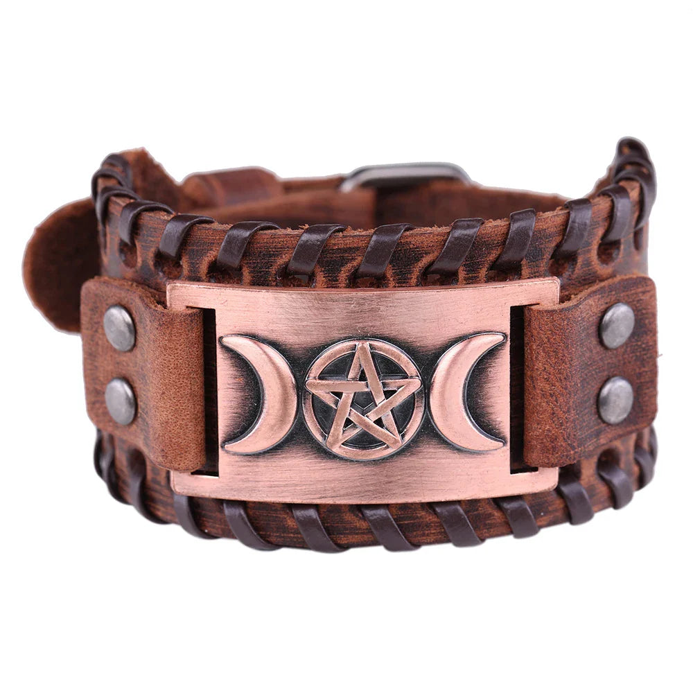 Pulsera Triple Luna de Cuero Hechicería Wicca 11