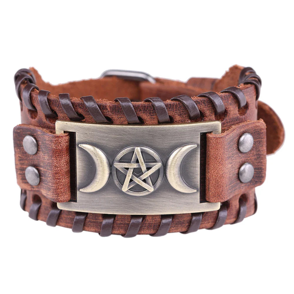 Pulsera Triple Luna de Cuero Hechicería Wicca 10