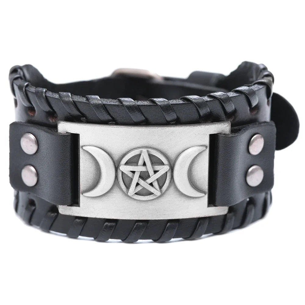 Pulsera Triple Luna de Cuero Hechicería Wicca 6