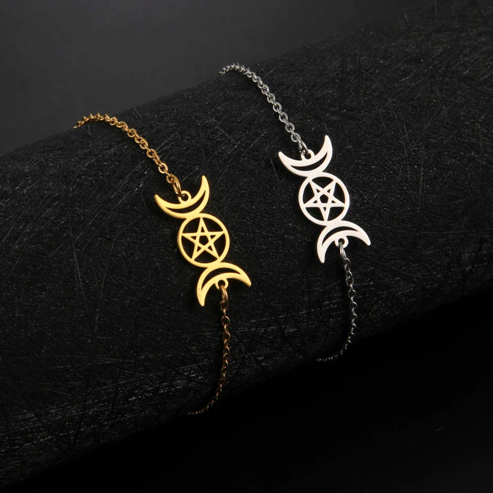 Pulsera Triple Luna Brujería Cadena Wicca oro