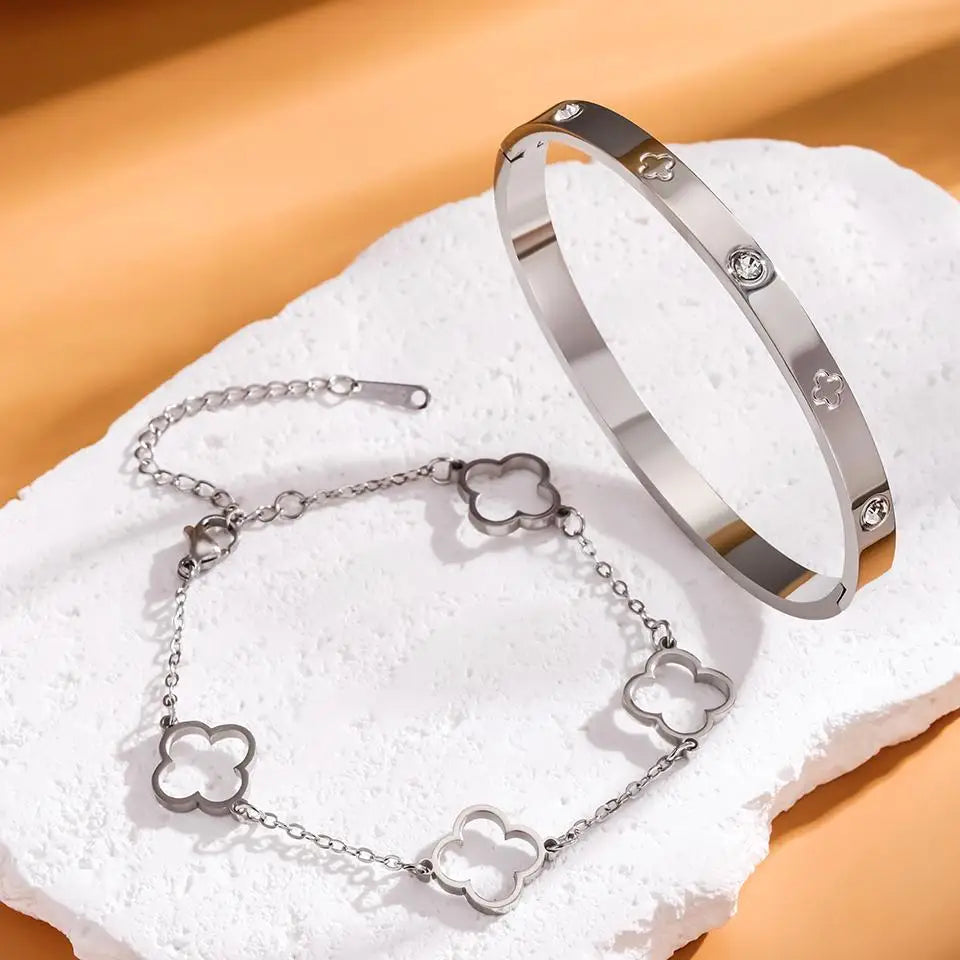 Lote de 2 Pulseras con Tréboles de 4 Hojas plata