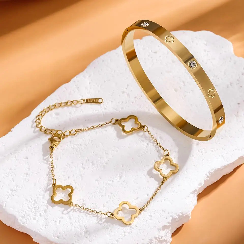 Lote de 2 Pulseras con Tréboles de 4 Hojas oro