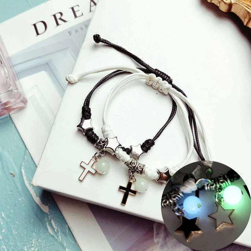 Pulseras para Parejas con Perla Luminosa y Placa Cruz