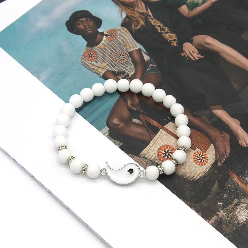 Pulseras para Parejas Gourmette Separables Yin Yang en Piedras Naturales Negro y Blanco