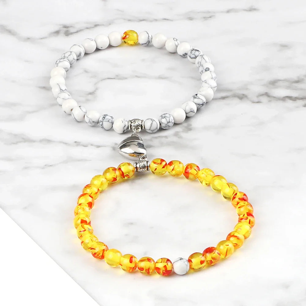 Pulseras para Parejas Pulsera Magnética de Perlas blanco y piedra de sol