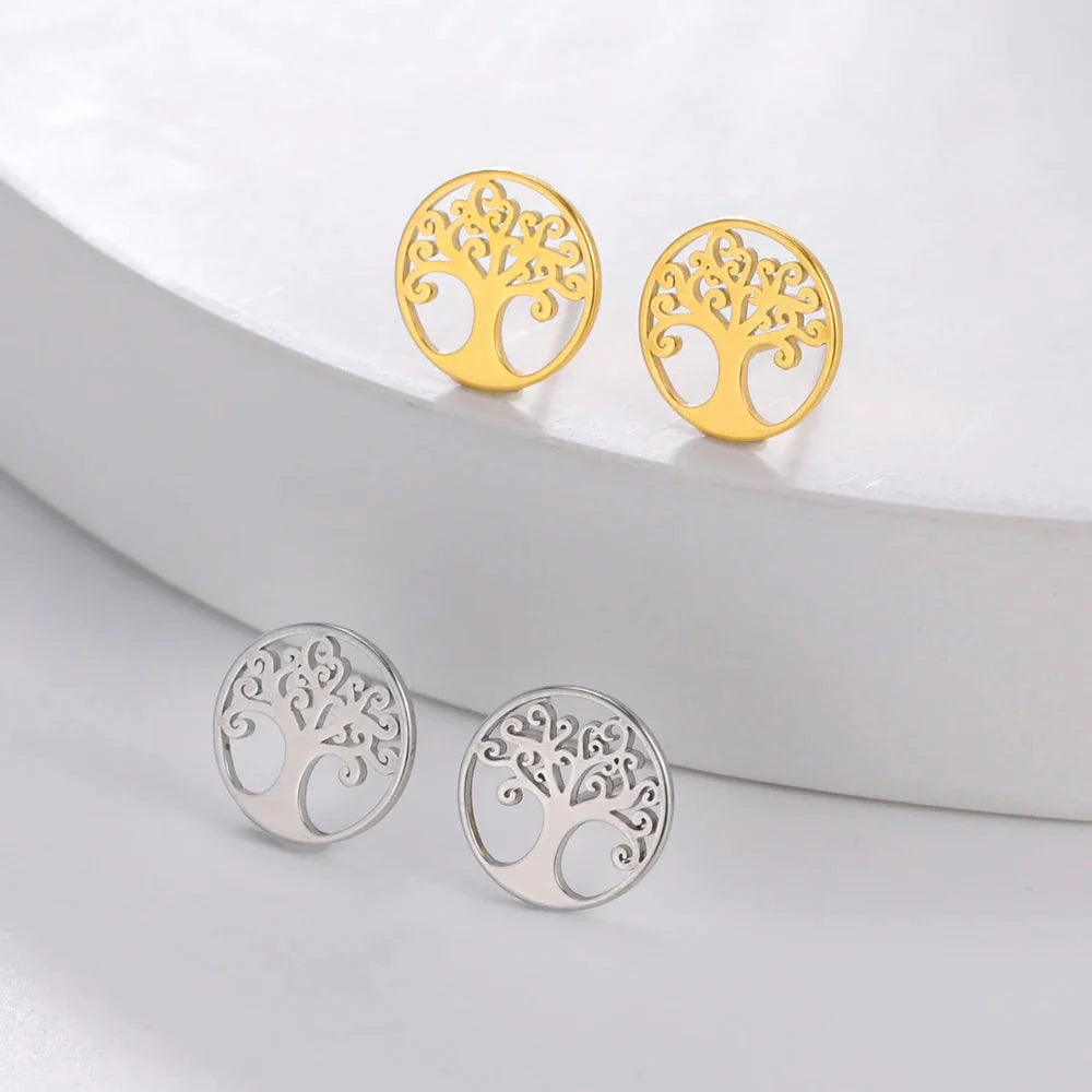 Pendientes de botón Árbol de la vida Plata