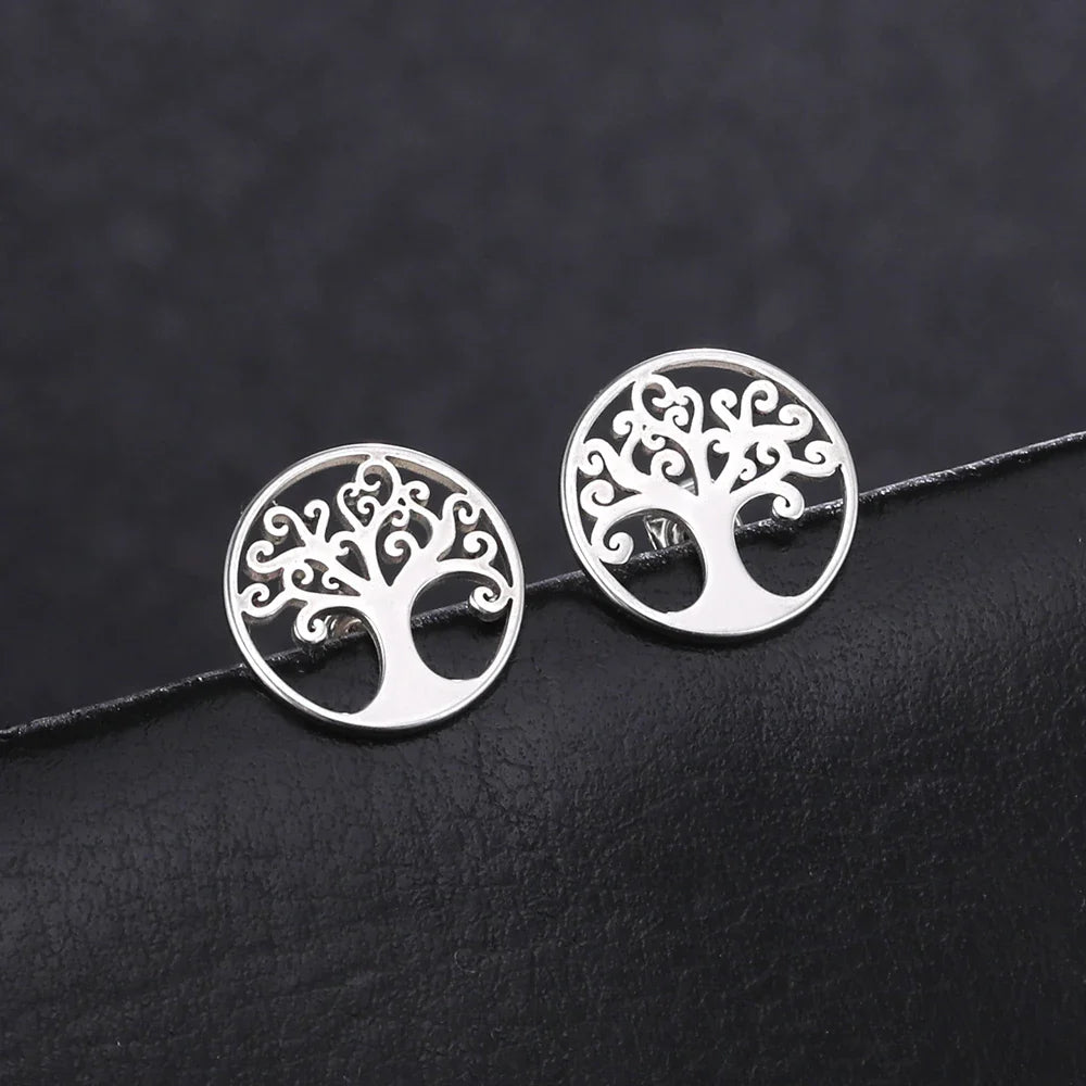 Pendientes de botón Árbol de la vida Plata