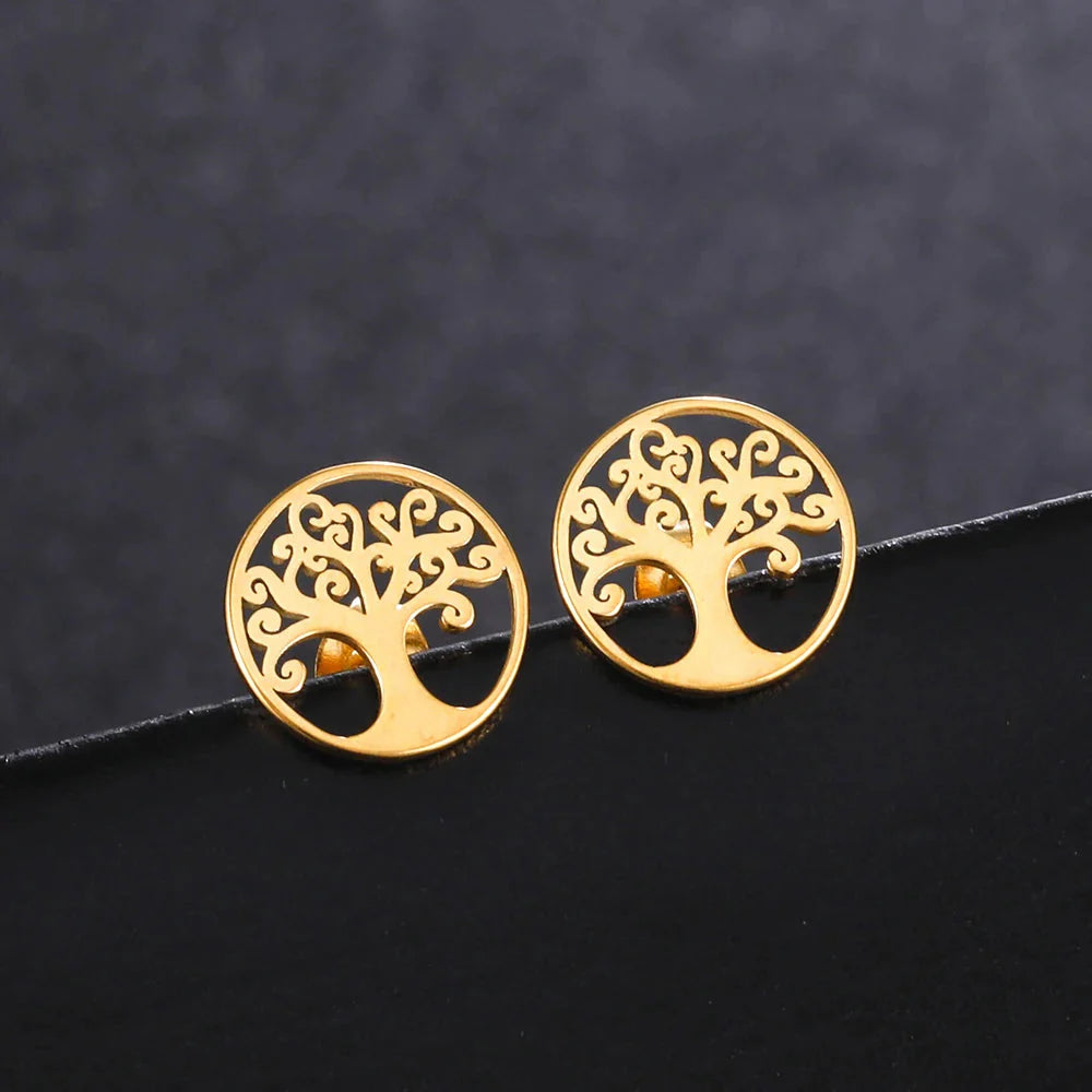 Pendientes de botón Árbol de la vida Oro