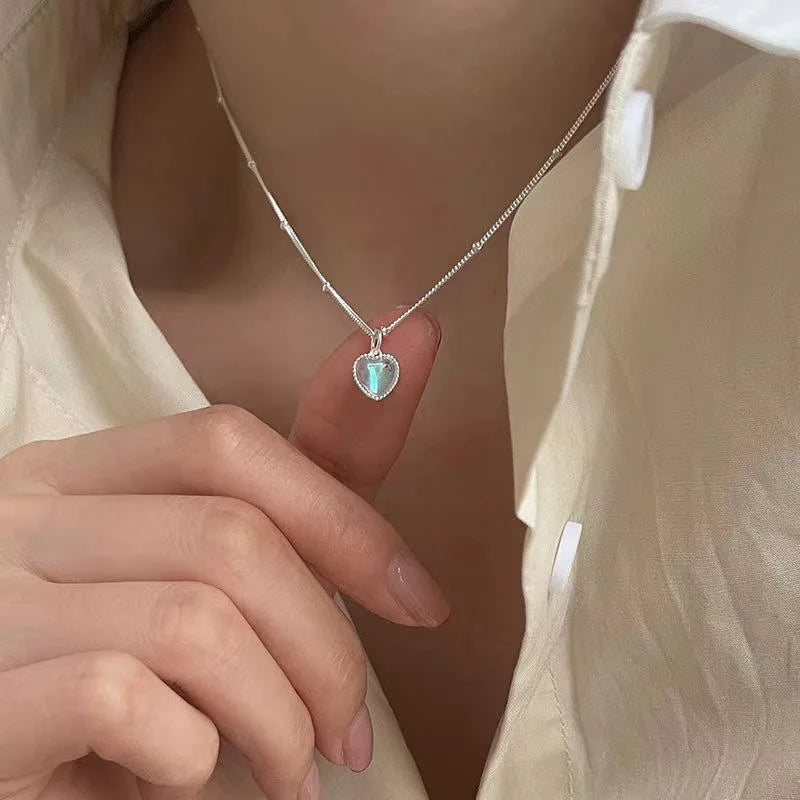 Collar con Colgante Corazón Fertilidad Piedra de Luna Cadena con Perlas
