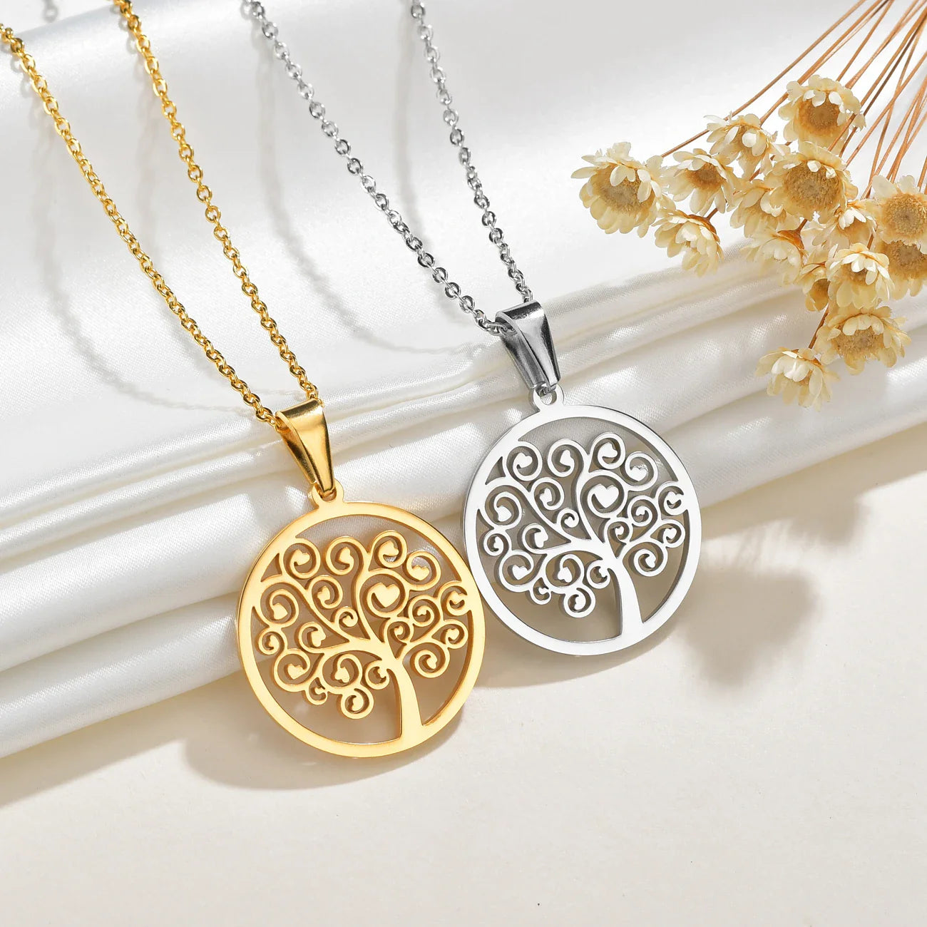 Collar con Colgante Redondo Árbol de la Vida para Mujer oro