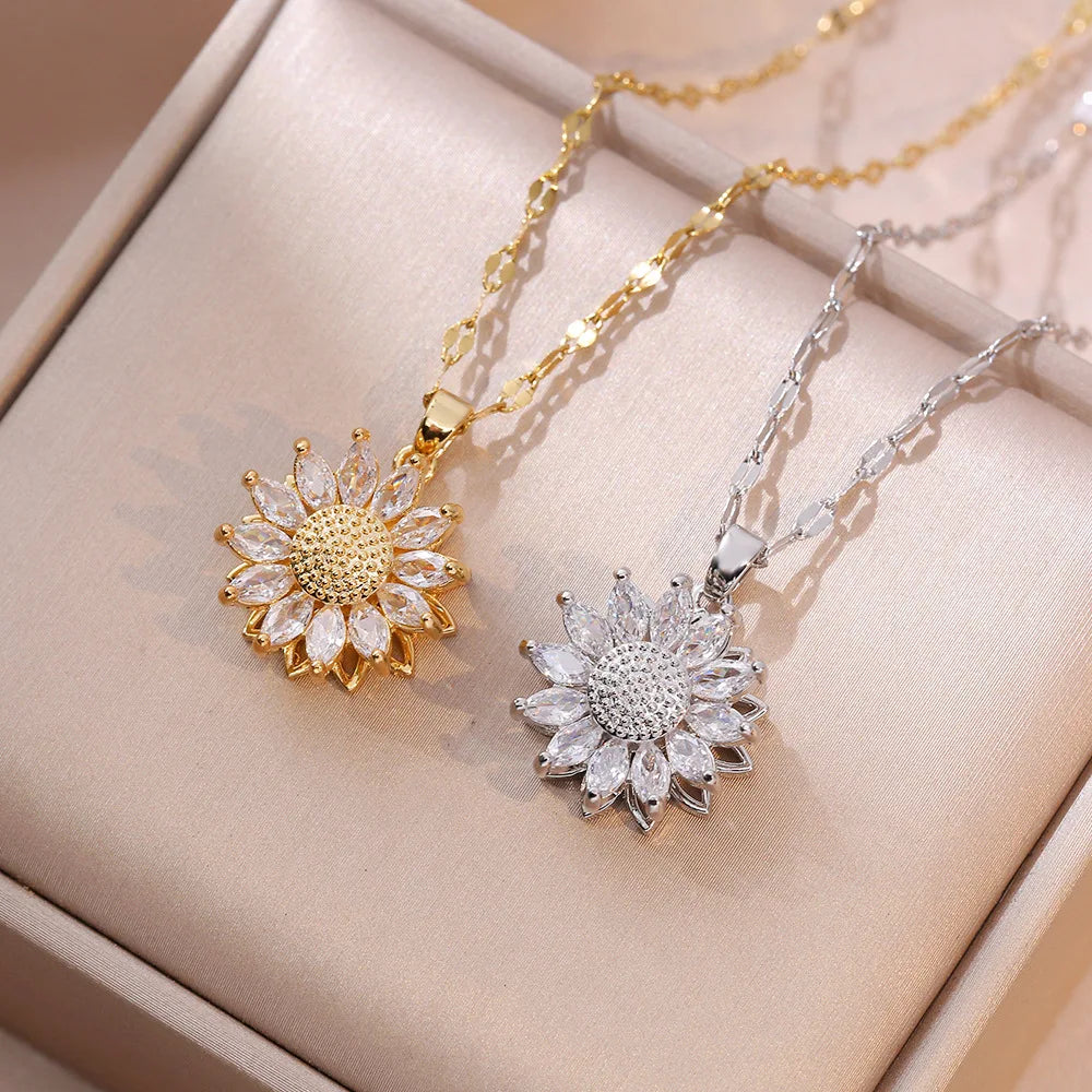 Collar con Colgante Giratorio Flor de Circonita contra la Ansiedad oro
