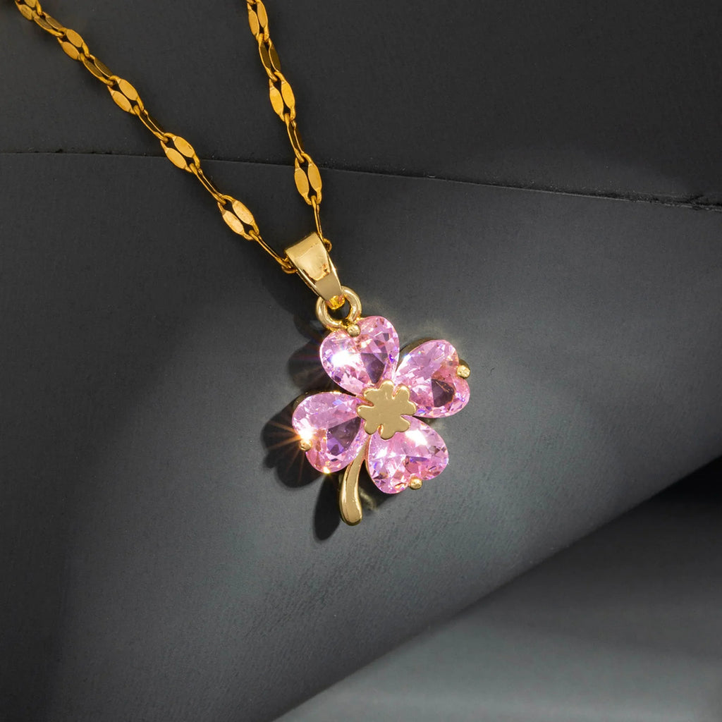 Collar con Colgante de Trébol de 4 Hojas Color oro y rosa