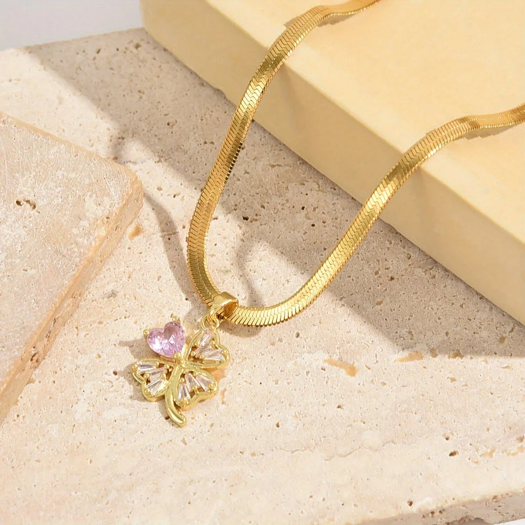 Collar con Colgante de Trébol de 4 hojas Amuleto de la Suerte y Circonio