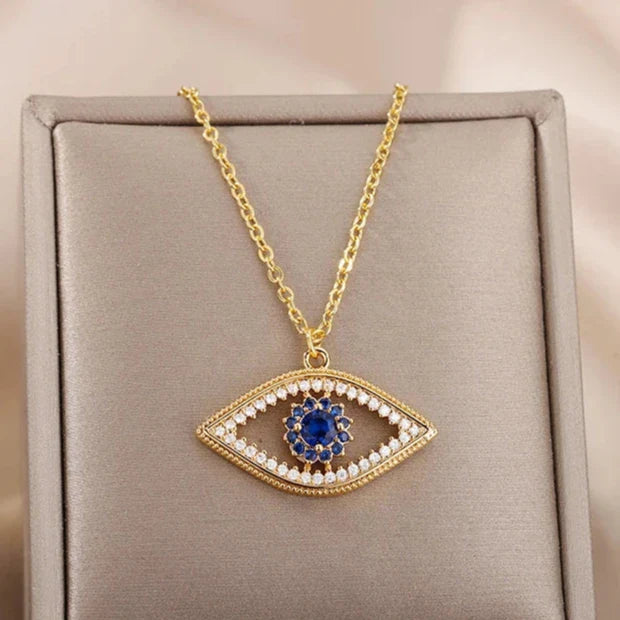 Collar con colgante de circonia contra el mal de ojo azul turco oro