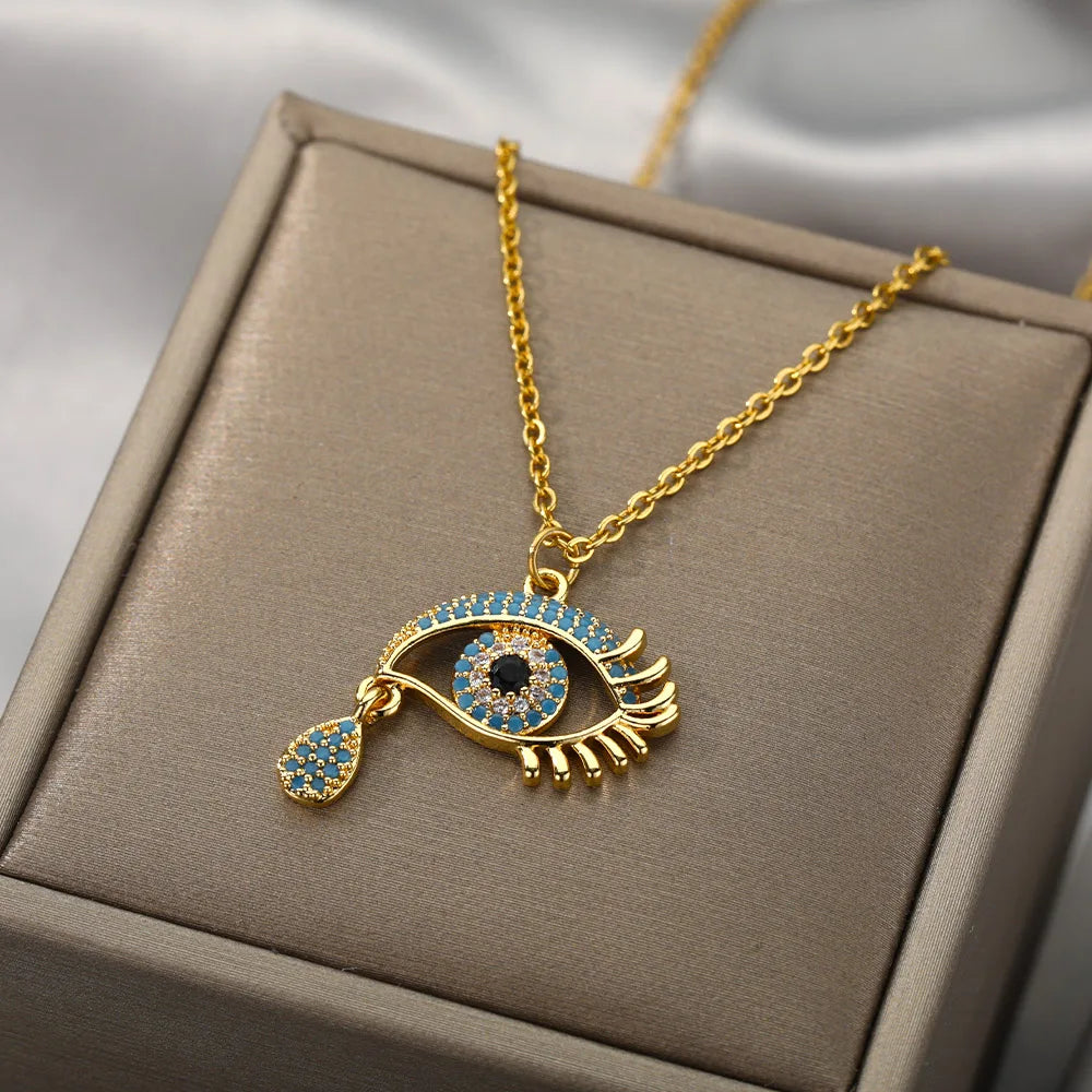Collar con colgante de circonio Ojo Turco Azul que Llora oro
