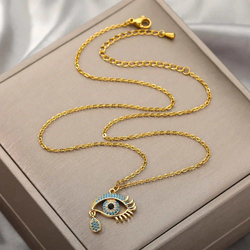 Collar con colgante de circonio Ojo Turco Azul que Llora oro
