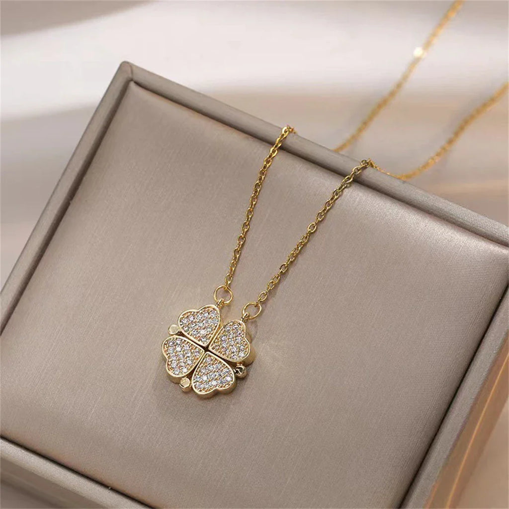 Collar Gargantilla con Colgantes de Corazones Trébol de 4 Hojas para Mujer oro