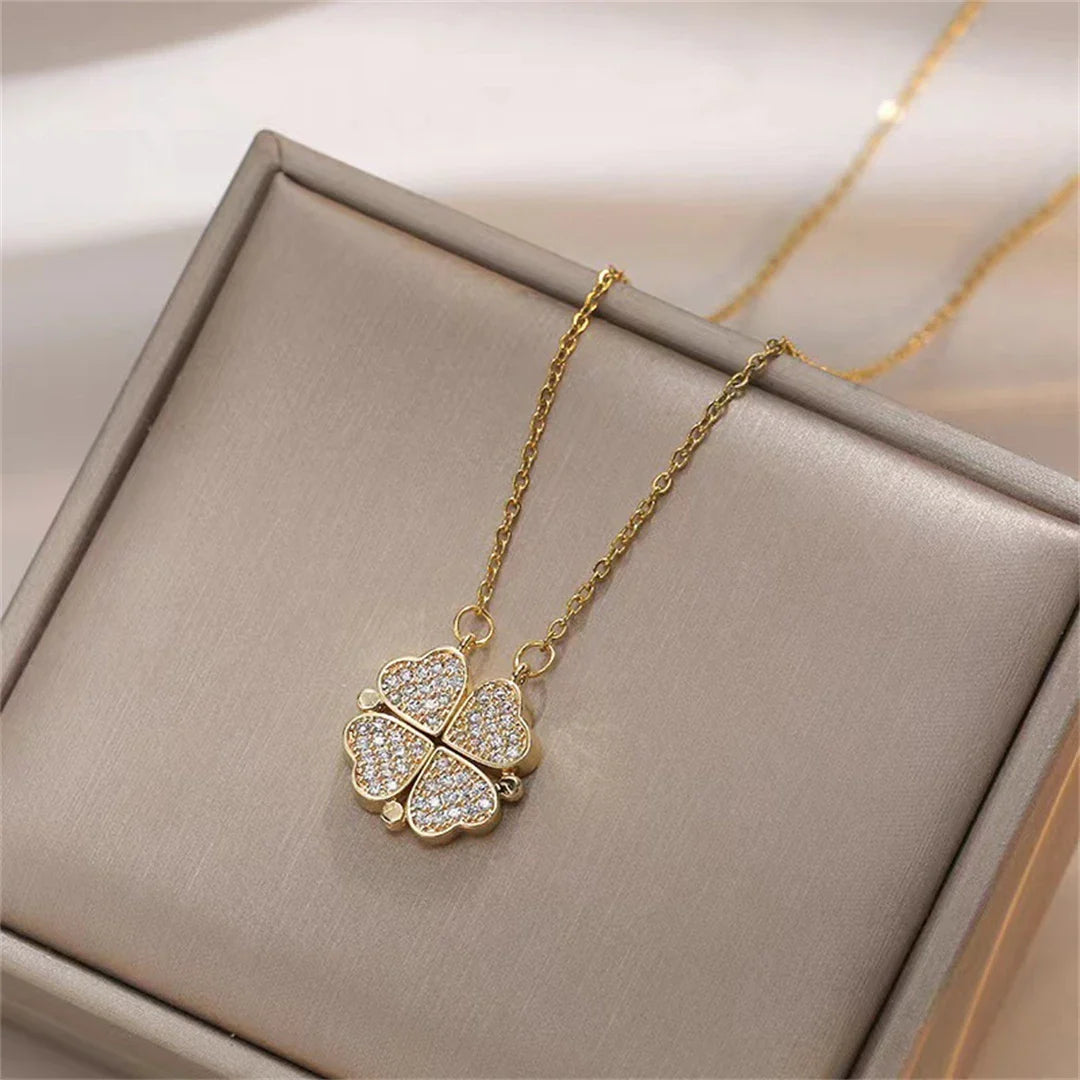 Collar Gargantilla con Colgantes de Corazones Trébol de 4 Hojas para Mujer oro