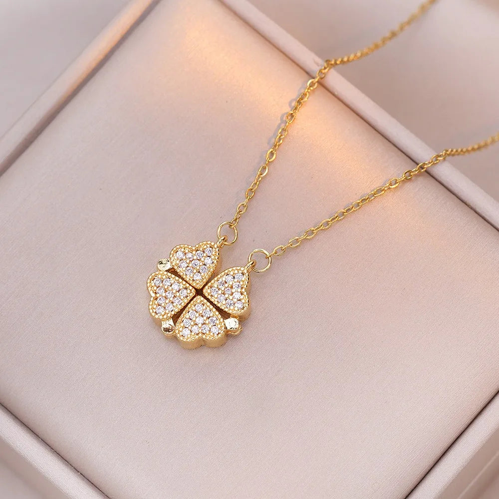 Collar Gargantilla con Colgantes de Corazones Trébol de 4 Hojas para Mujer oro