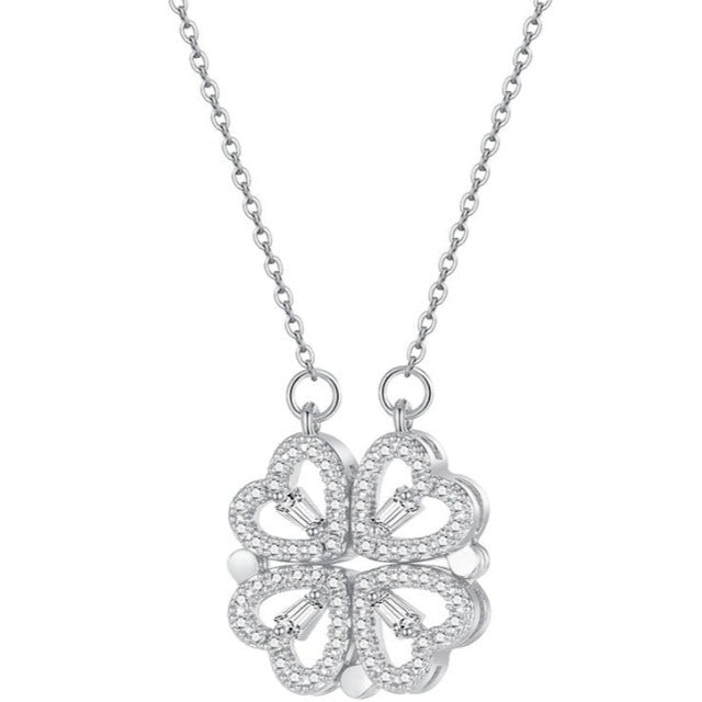 Collar Corazón Trébol de 4 Hojas Colgante Amuleto de la Suerte en Plata