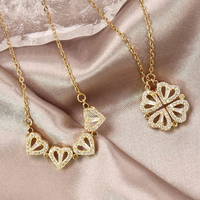 Collar Corazón Trébol de 4 Hojas Colgante Amuleto de la Suerte en Oro