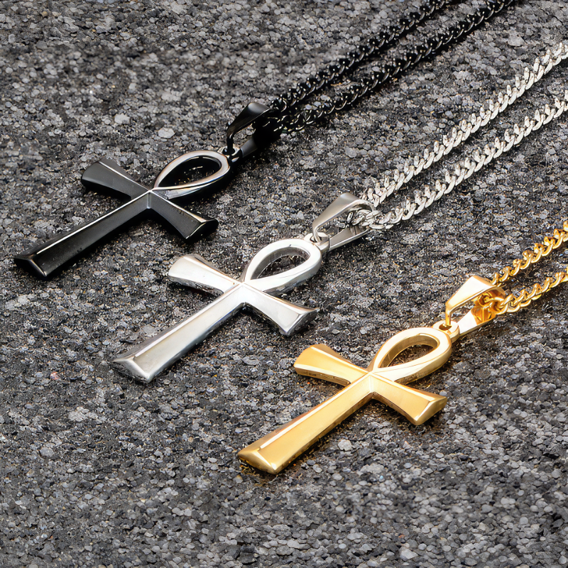 Collar Cruz Egipcia Colgante ankh negro plata oro