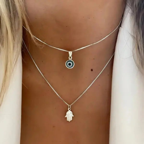 Collar Doble con Colgante Ojo Azul Turco y Mano de Fátima plata
