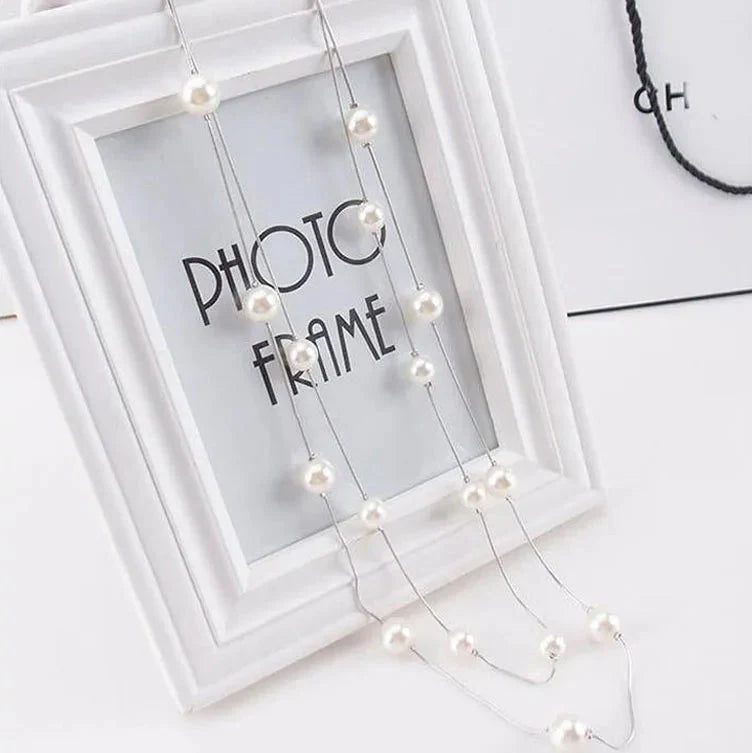 Collar Largo Doble con Grandes Perlas Blancas plata