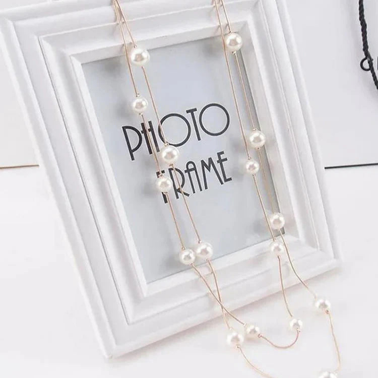 Collar Largo Doble con Grandes Perlas Blancas oro