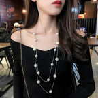 Collar Largo Doble con Grandes Perlas Blancas plata