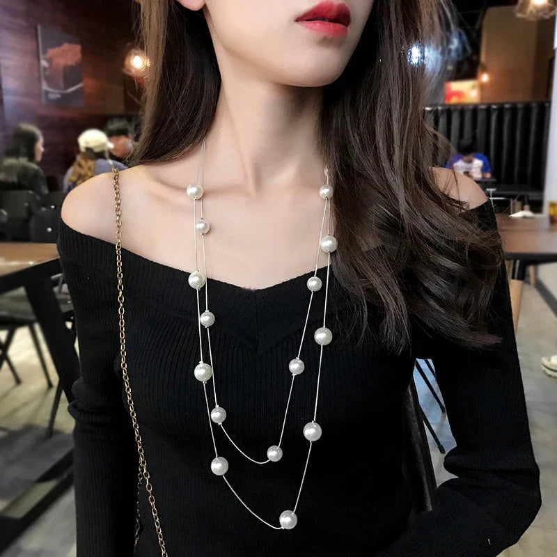 Collar Largo Doble con Grandes Perlas Blancas plata
