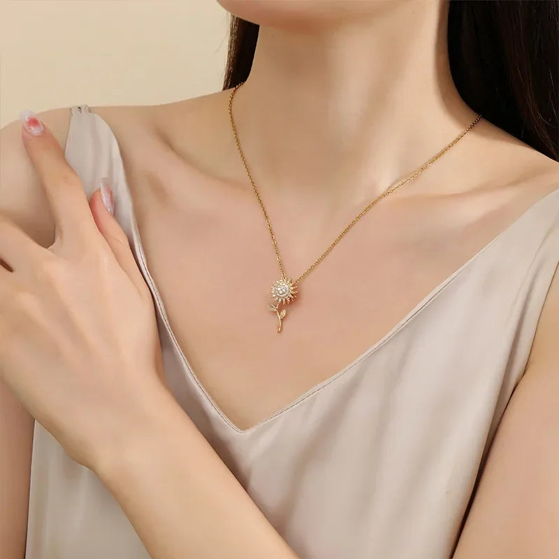 Collar Elegante con Largo Colgante de Flor de Girasol