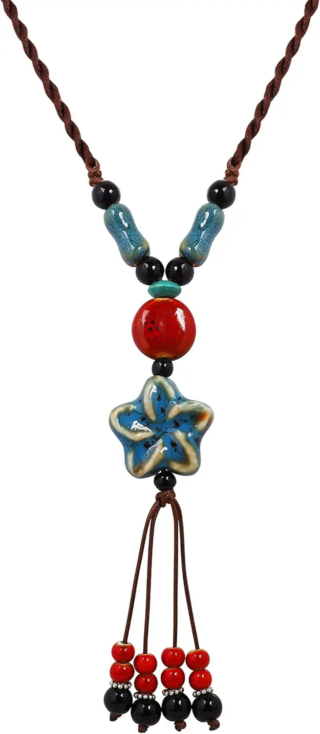 Collar de Perlas con Colgante de Flor azul