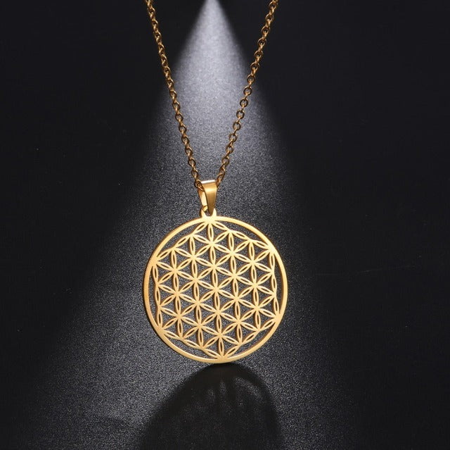 Collar Flor de la Vida Perlas Colgante Mandala Hombre Mujer Dawapara oro
