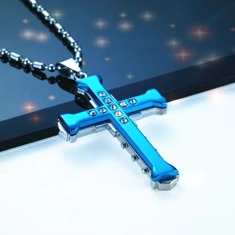 Collar y Medallón Cruz Hombre azul